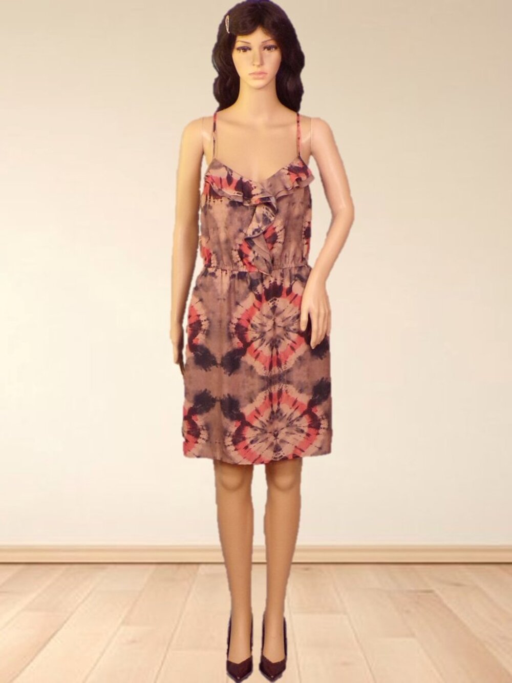 GIANNI BINI size S brown/beige/coral thin-strap fit/flare dress 100% polyester
